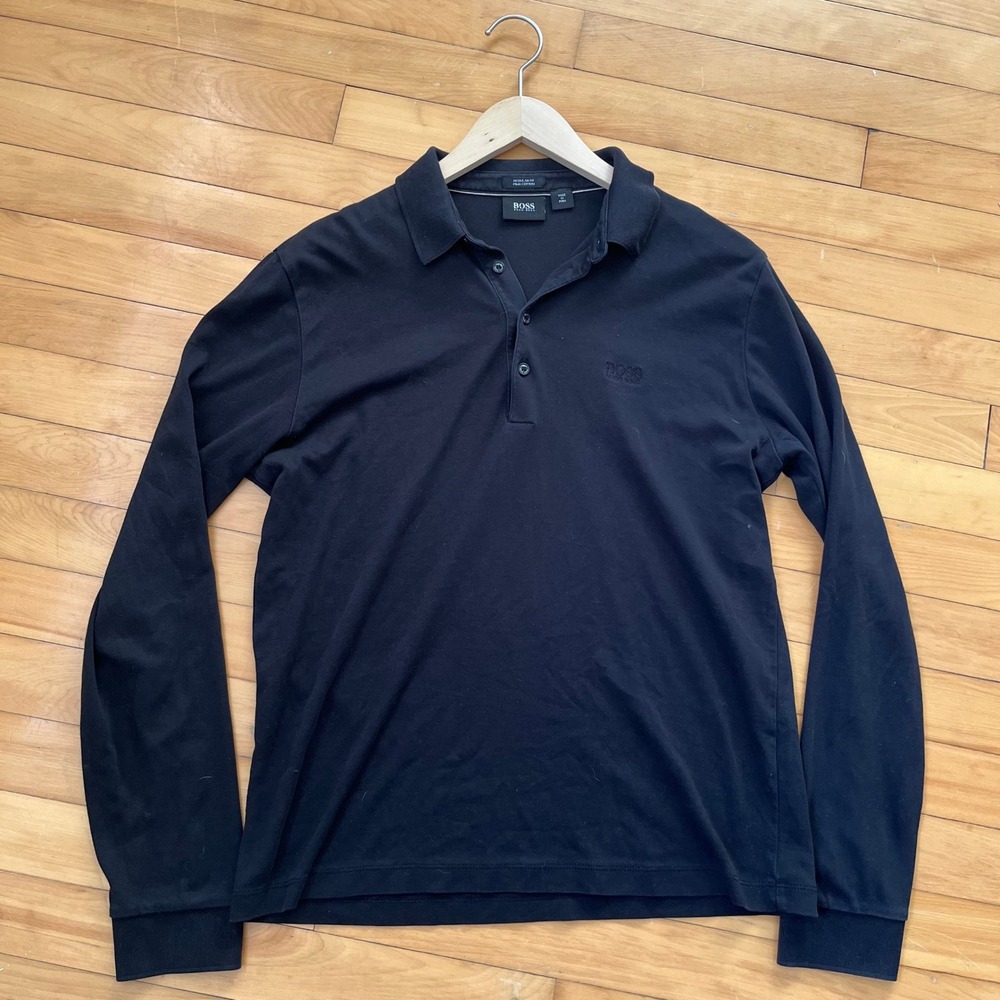 Hugo Boss Mens Black Pima Cotton Long Sleeve Polo Shirt Regular Fit Size L